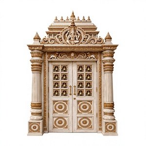 Porte double en bois de style temple d'Inde du Sud pour Mandir domestique, porte d'entrée de Pooja en teck sculptée à la main sur mesure, porte de salle de Pooja (Royaume-Uni) - Product Image 2