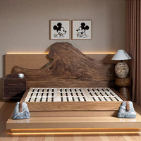 Cadre de lit double en bois massif de chêne sculpté à la main, style Wabi-sabi, design inspiré des troncs vieillis, origine chinoise, pierre et bois