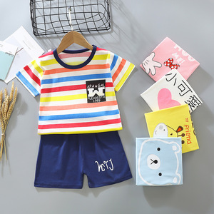 Ensemble short à manches courtes rayé décontracté pour enfants petit sous-vêtement en coton pour bébé d'été de taille moyenne T-shirt à col pour garçons et filles - Product Image 1