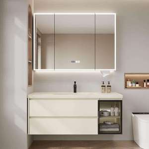 New white bathroom vanity hanging counter with LED mirror cabinet and soft closing storage drawers - Product Image 5