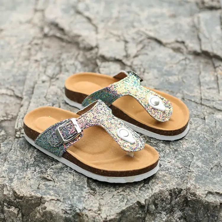 Yüksek kaliteli deri Glitter Flip flop sandalet mantar taban terlik ayakkabı yaz plaj terlikleri