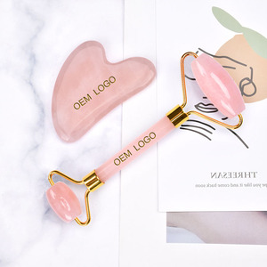 High quality facial massager rose quartz gua sha tool set jade roller with box packing neck roller massage tool customizable