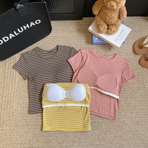 <span class=keywords><strong>Camiseta</strong></span> Clásica Versátil a Rayas con Tirantes y Sujetador Incorporado, Corte Ajustado, Cuello Redondo, Estilo Pullover - Product Image 2