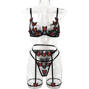 Conjunto de Lencería Sexy al por Mayor, con Flores Bordadas en 3D, Encaje Transparente Negro, Tanga con Flores Bordadas - Product Image 6