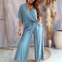 Nouvelle collection Printemps 2026 style Euro-Américain, Ensemble deux pièces ODM uni décontracté avec haut à col en V, manches trois-quarts et pantalon large à lacets