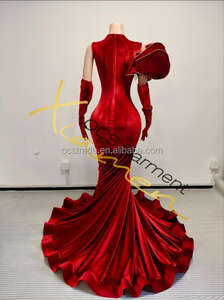 Ocstrade فستان سهرة أحمر فاخر طويل بقصة حورية البحر مع ذيل مزين بالخرز، قبة V شبكية عميقة، مع قفازات طويلة، مقاسات خاصة وكبيرة - Product Image 6