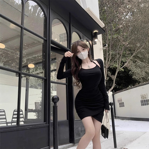 Halter Neck Bodycon Dress Women Pleated Waist Long Sleeve Asymmetric Solid Color Cocktail Dress Black Pink Burgundy Khaki - Product Image 1
