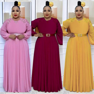 Robe imprimée pour femme, style jeune fille, grande taille, longue, couleur unie avec ceinture - Product Image 1