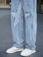 Jean cargo droit ample taille haute pour homme, brodé en usine, délavage clair, détection par aiguille, vente en gros OEM