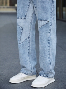 <span class=keywords><strong>Jean</strong></span> cargo baggy coupe droite taille haute pour <span class=keywords><strong>homme</strong></span>, en denim de coton bleu, avec poches obliques et patchs à motif étoile - Product Image 5
