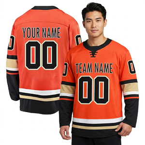 Jersey de Hockey sobre Hielo Personalizado para Hombre, Naranja, Negro y Dorado, con Nombre del Equipo y Número, Manga Larga, Transpirable, Sublimado, Cuello en V, Algodón/Bambú en la Parte Delantera - Product Image 1