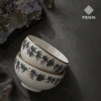 Service de table en céramique personnalisé FENN, motif raisin vintage, assiettes et bols en porcelaine, bord doré, vaisselle embossée pour la maison et la cuisine