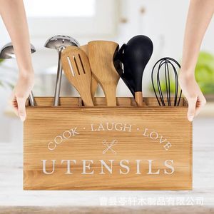 Wooden cutlery storage box, multi-purpose draining chopstick holder, condiment storage, <b>desktop</b> wooden tissue box, <b>shelf</b> - Product Image 2