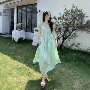 French Style Beach Maxi Dress Halter Loose Waist Solid Color Breathable Swim Cover Up Summer Vacation Outfit - Product Image 3