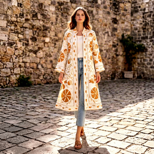 Bata de mujer con cuello en V, 100% algodón, 480g, reversible, bordada con motivos florales azules, hecha a mano, tipo kimono largo, con cinturón, para estar en casa o descansar. - Product Image 1