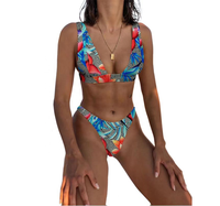 Bikini negro con estampado de flores para mujer, traje de baño de dos piezas multicolor con estampado de flores para chica joven, 2022