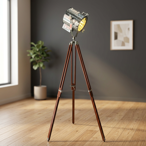 Lampadaire trépied nautique chromé avec projecteur, style industriel en bois pour la décoration intérieure - Product Image 3