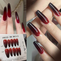 Ongles à presser longs style gothique dégradé noir et rouge, pour Noël et Nouvel An 2026, collection niche Halloween, ensemble prêt à poser