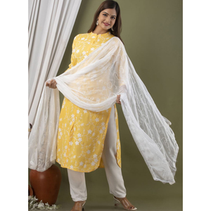 Yellow Kurta <b>Pant</b> Dupatta Set Embroidered Ethnic Suit Set Traditional Wear Stylish Festive Outfit Daily Wear Fashion Set - Product Image 1
