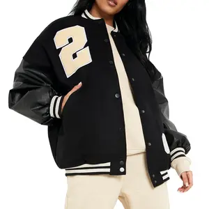 Jaket kasual lengan PU disikat, mantel tebal jaket kampus huruf bisbol Jersey Hip Hop wanita