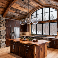 Armoires de cuisine Shaker en chêne foncé sur mesure, design rustique style chalet, avec comptoir en bois à bords naturels pour projet de villa