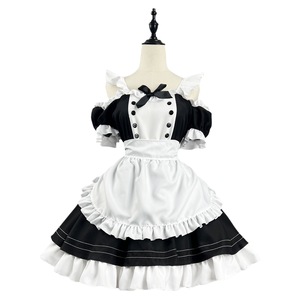 Cute Anime Lolita Maid Dress Black Polyester Off Shoulder With Apron For Cosplay Role Play Game Costume - Product Image 4