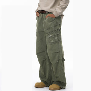 Jeans Verdes Vintage Oversize para Hombre, Estampados, Transpirables, de Pierna Recta, Desgastados, con Múltiples Bolsillos, Estilo Cargo, Ideales para Invierno - Product Image 1