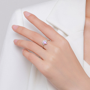 Flower pink <b>Opal</b> <b>Ring</b> 925 Sterling <b>Silver</b> Prong Setting Round Brilliant Cut Diamond Women's Romantic Engagement <b>Ring</b> - Product Image 2