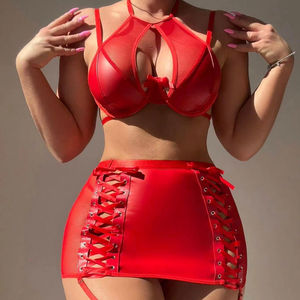 Viviblook Z0126ST Women Sexy Lingerie Set See Through Mesh Leather Splicing Sexy Straps <b>Split</b> Women <b>Skirts</b> Set - Product Image 1