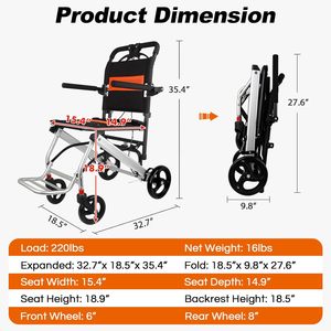Silla de ruedas plegable ultraligera, silla de ruedas de viaje para adultos, 220 LB con pedal plegable y brazo plegable, freno de mano - Product Image 3