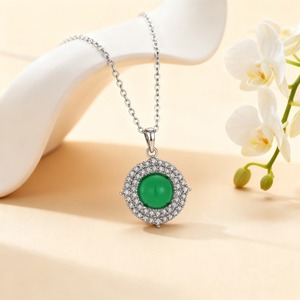 Collier pendentif halo en argent sterling 925 avec calcédoine verte, cabochon rond, bijou vintage pour femme - Product Image 5