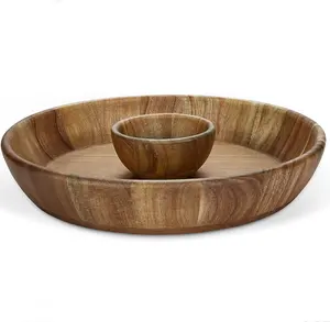 12 Inch Chip and Dip Serving Set, Wood Plate with Sauce Bowl, Great for Buffalo Wings & Cocktail Shrimp