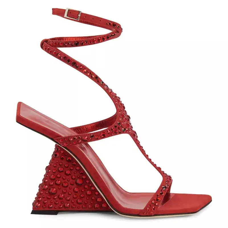 2023 New arrival ladies shoes sexy red suede square toe chunky heel sandals diamond sandals luxury wedge sandals