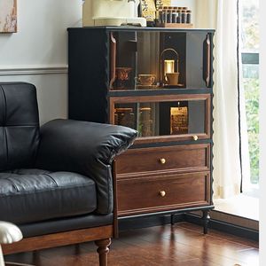 Vintage Solid Wood Living Room <b>Cabinet</b> 76x40x119cm With Glass Doors And Drawers For Display Storage - Product Image 4