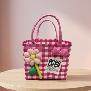 Bolsa de Mano Tipo Canasta para Niñas, Tejida, Colorida, con Bordado de Dibujos Animados en Dos Tonos, para Niños, para el Mercado, para Acampar - Product Image 3