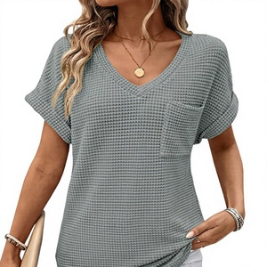 <b>Women's</b> Waffle Knit Short Sleeve T <b>Shirt</b> Loose Fit Solid Color Casual Pullover Wholesale Rate OEM Custom <b>Women</b> T <b>shirt</b> - Product Image 1
