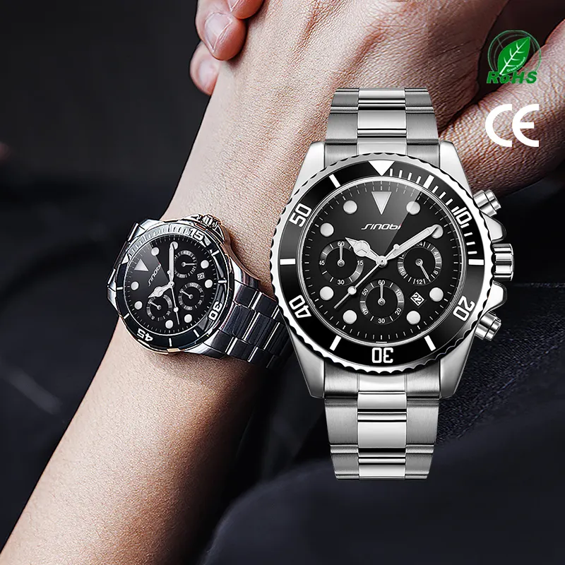 SINOBI Custom Logo Mens Style Handwatch S9758G Quartz Watches Stainless Steel Wristwatches Three Small Dial with Date Window OEM