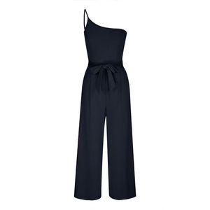 Mono de verano elegante para mujer, holgado, de color liso, con un hombro descubierto, lazo, cintura alta y bolsillos - Product Image 4