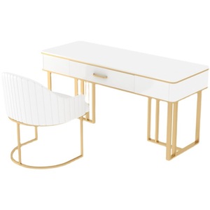 Juego de escritorio y silla de cuero para oficina en <span class=keywords><strong>casa</strong></span> de lujo moderno, parte superior pintada brillante con patas de hierro dorado, cajón de metal para el <span class=keywords><strong>trabajo</strong></span> - Product Image 6