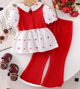 Abbigliamento Estivo per Bambine 2026, Top a Maniche Corte con Stampa Cuore, Patchwork Rosso e Bianco, <span class=keywords><strong>Pantaloni</strong></span> a Zampa Rossi, Set 2 Pezzi - Product Image 2