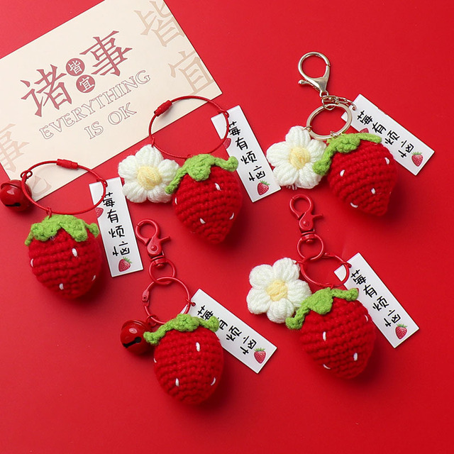 New Arrival Cute Crochet Strawberry with Puff Flower/ Bell Keychain & Pendant Wholesale Woolen Knitted Flower Plant Ornament