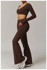 Ensemble de yoga 2 pièces pour femmes-tenue de fitness-<span class=keywords><strong>col</strong></span> en <span class=keywords><strong>V</strong></span> court haut à manches longues et pantalon évasé Bootcut pour la course de yoga - Product Image 5