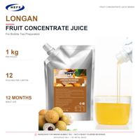 Purée de fruits réels, jus concentré, 1 kg x 12 sachets, carton, 10 saveurs : fraise, raisin, pêche, litchi, longane