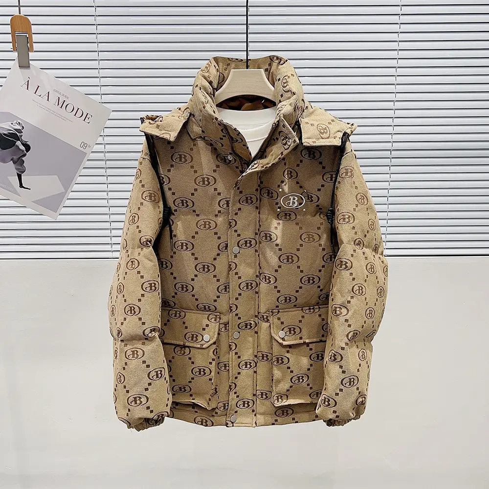 Yufan उच्च गुणवत्ता सर्दियों नए बड़े Jacquard Hooded Thickened नीचे जैकेट वर्णमाला कढ़ाई पुरुषों की अनुकूलित Puffer नीचे जैकेट
