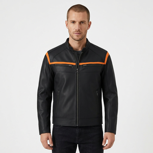 Chaqueta de Motociclista de Cuero PU Negra para Hombre, con Bloques de Color, Cuello Alto y Cremallera - Product Image 2