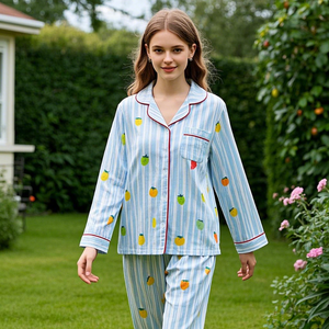 Spring Fruit & Stripe Print Pyjamas Set Designer Pyjamas Zweiteilige Bambus Nachtwäsche Custom Pyjamas Frauen Baumwolle Frau Pyjama - Product Image 2