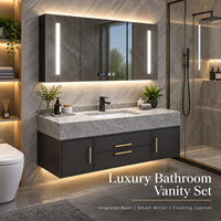 Ensemble de meubles de salle de bain de luxe avec lavabo intégré, miroir carré intelligent mural, finition marbre/quartzite