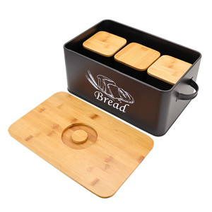 KICHEN Phụ Kiện Lưu Trữ Thùng 3-Mảnh Đường Trà Cà Phê Canister Kim Loại Lớn Hộp Bánh Mì Với Nắp Tre - Product Image 4