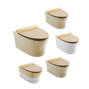 Inodoro suspendido de una pieza con descarga oculta y sifón en P, de cerámica dorada, accesorios sanitarios para baño. - Product Image 4