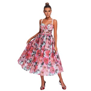 Vestido de Noche de Organza con Estampado Floral y Hombros Descubiertos, Cintura Imperio, Cierre Frontal, Translúcido, Largo, Vestido de Moda para Mujer - Product Image 5